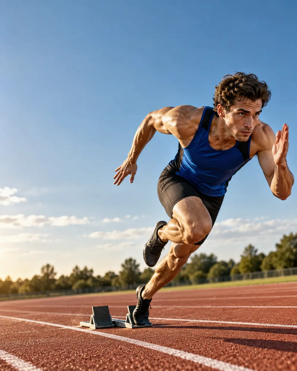 Fictional unbranded sprinter leaving the starting blocks